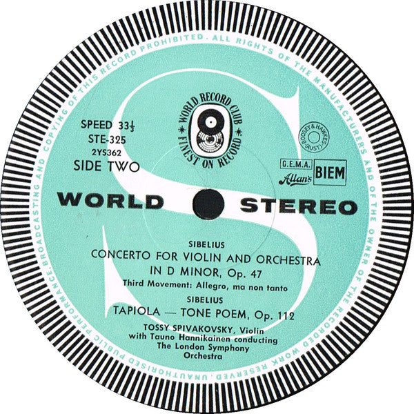 Jean Sibelius : Violin Concerto In D Minor, Opus 47 • Tone Poem Tapiola, Opus 112 (LP, Album, Club)