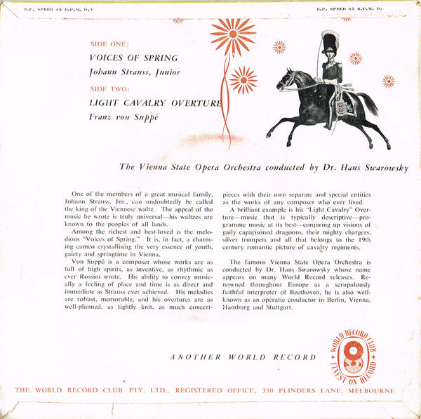 Johann Strauss Jr. / Franz von Suppé / Orchester Der Wiener Staatsoper Conducted By Hans Swarowsky : Voices Of Spring / Light Cavalry Overture (7", Mono, Club, RE)