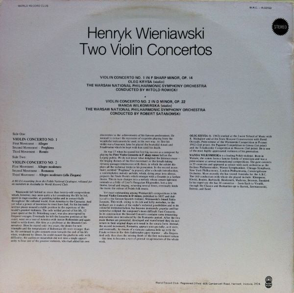 Henryk Wieniawski : Two Violin Concertos (LP, Album, Club)