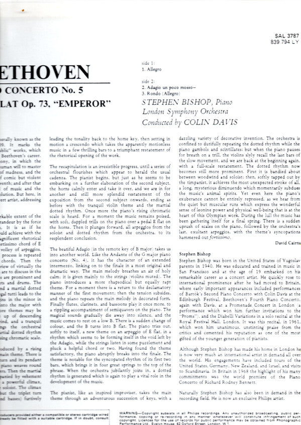 Beethoven*, Stephen Bishop*, London Symphony Orchestra, Colin Davis* : Piano Concerto No. 5 «Emperor» (LP)