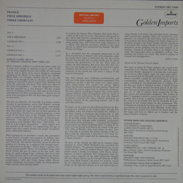 César Franck - Marcel Dupré : Pièce Héroïque / Three Chorales (LP, Album, RE)