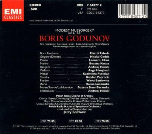 Mussorgsky* - Martti Talvela, Nicolai Gedda, Leonard Mróz, Aage Haugland, Polish Radio Chorus Of Krakow*, Polish Radio National Symphony Orchestra*, Jerzy Semkow : Boris Godunov (3xCD, Album, RE, RM, ADD + Box, Sli)