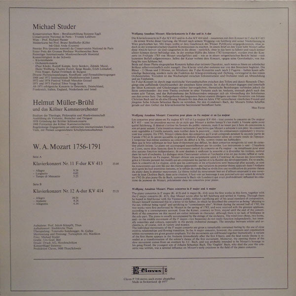 Wolfgang Amadeus Mozart, Michael Studer, Kölner Kammerorchester, Helmut Müller-Brühl : Klavierkonzert KV 413 / 414 (LP)