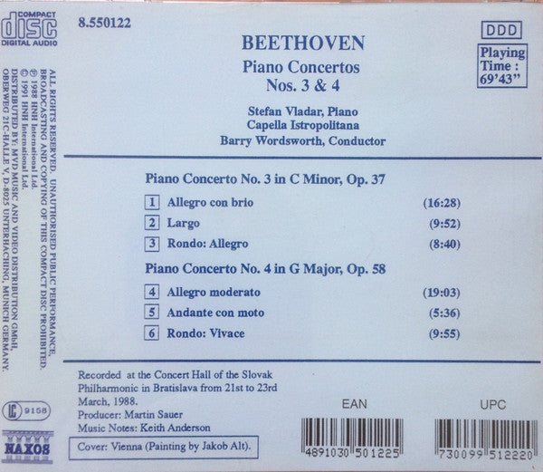 Ludwig van Beethoven - Stefan Vladar, Capella Istropolitana, Barry Wordsworth : Piano Concertos  Nos. 3 & 4 (CD, Album)