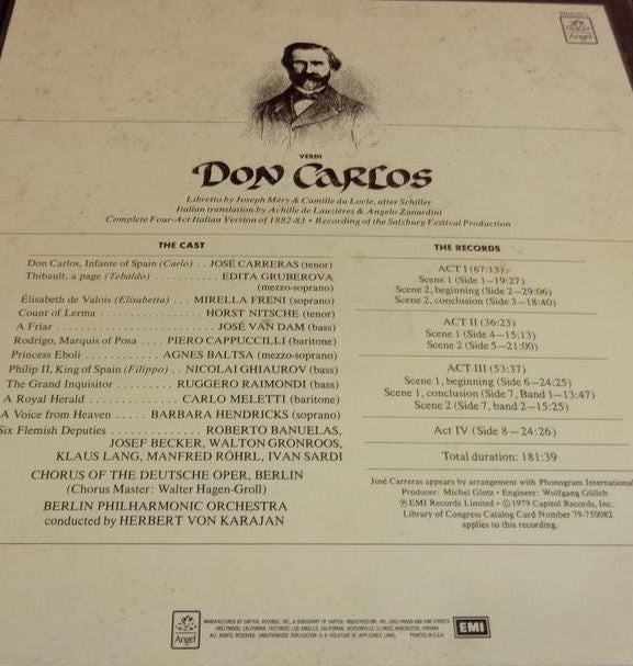 Verdi* ' José Carreras ' Mirella Freni ' Nicolai Ghiaurov ' Agnes Baltsa ' Piero Cappuccilli ' Ruggero Raimondi ' Berliner Philharmoniker, Herbert Von Karajan : Don Carlos (4xLP + Box)