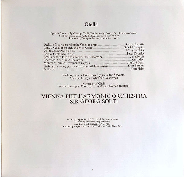 Verdi*, Price*, Cossutta*, Bacquier*, Wiener Philharmoniker, Solti* : Otello (3xLP + Box)