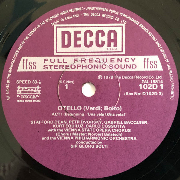 Verdi*, Price*, Cossutta*, Bacquier*, Wiener Philharmoniker, Solti* : Otello (3xLP + Box)
