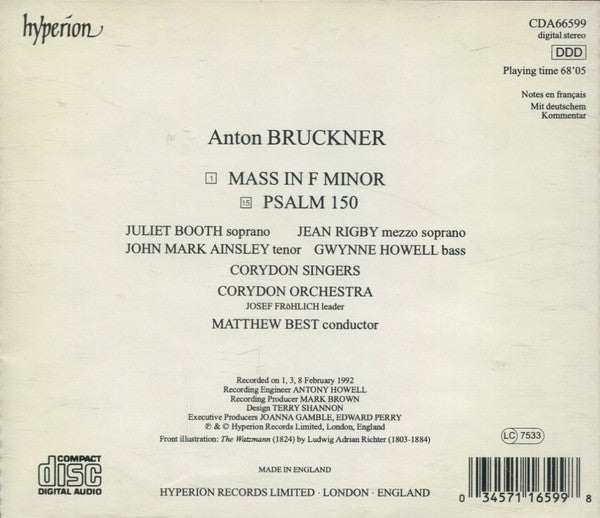 Anton Bruckner - Juliet Booth · John Mark Ainsley · Gwynne Howell · Jean Rigby · Corydon Singers · Corydon Orchestra · Matthew Best (2) : Mass In F Minor · Psalm 150 (CD, Album)