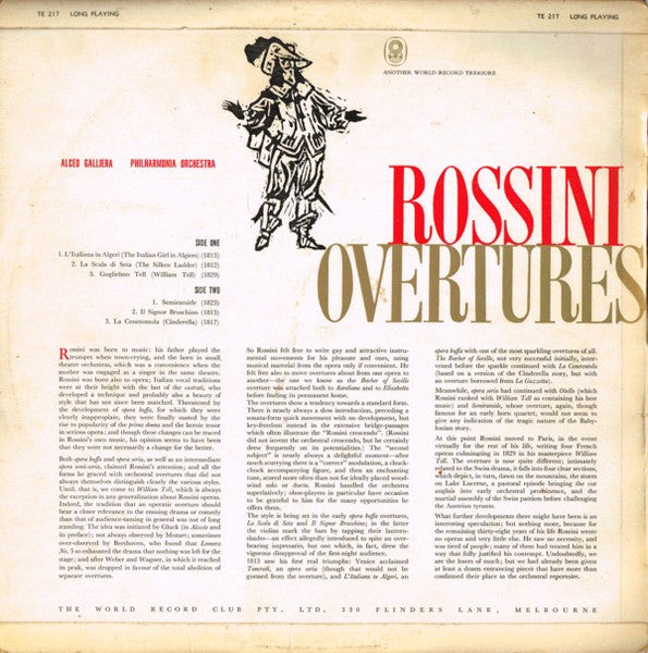 Rossini* / Alceo Galliera - Philharmonia Orchestra : Overtures (LP, Album, Mono, Club)