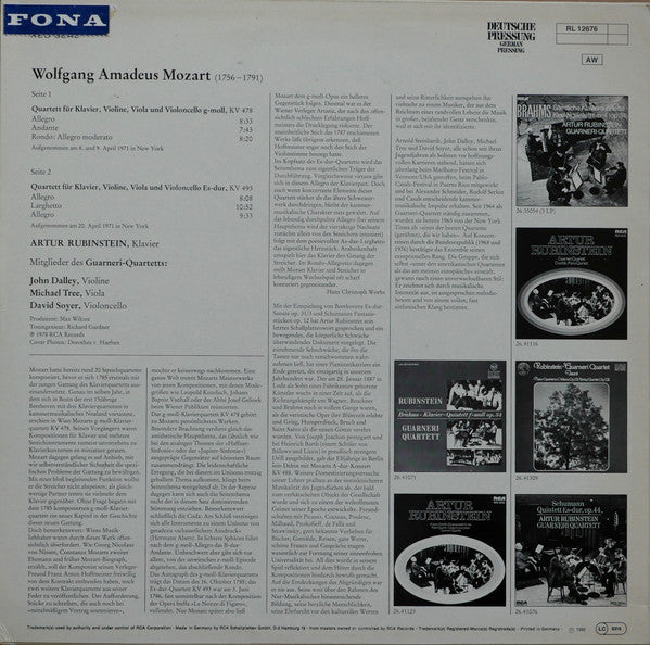 Wolfgang Amadeus Mozart, Rubinstein* Und Mitglieder Des Guarneri-Quartet* : Die Zwei Klavier-Quartette G-Moll, Kv 478 / Es-Dur Kv 493 (LP)