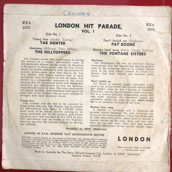 Tab Hunter / The Hilltoppers / Pat Boone / The Fontane Sisters : London Hit Parade, Vol. 1 (7", EP, Comp)