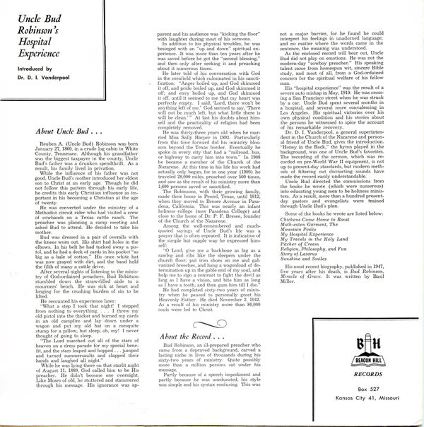 Uncle Bud Robinson : Uncle Bud’s Hospital Experience (LP, Album)