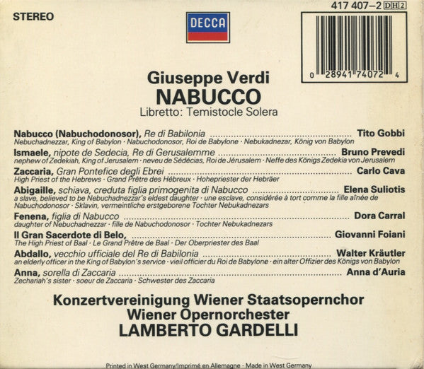 Verdi*, Gobbi*, Souliotis*, Konzertvereinigung Wiener Staatsopernchor, Wiener Opernorchester*, Lamberto Gardelli : Nabucco (2xCD, Album, RM + Box, RE)