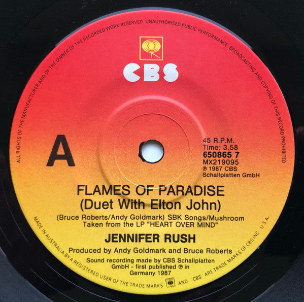 Jennifer Rush Duet With Elton John : Flames Of Paradise (7", Single, Ltd)