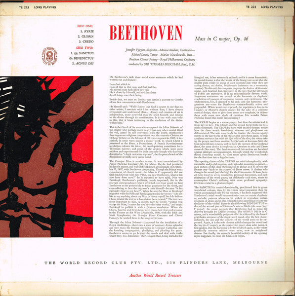 Beethoven*  / The Royal Philharmonic Orchestra*  ∙  The Beecham Choral Society  /  Sir Thomas Beecham : Mass In C Major (LP, Album, Mono, Club)