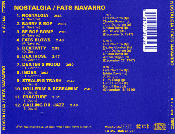 Fats Navarro, Art Blakey, Dexter Gordon, Tadd Dameron, Eddie Davis* : Nostalgia (Fats Navarro Memorial No. 2) (CD, Comp, Mono, RE, RM)