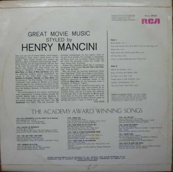 Henry Mancini, Henry Mancini And His Orchestra And The Henry Mancini Chorus : Mancini Favourites (LP, Comp, Mono)