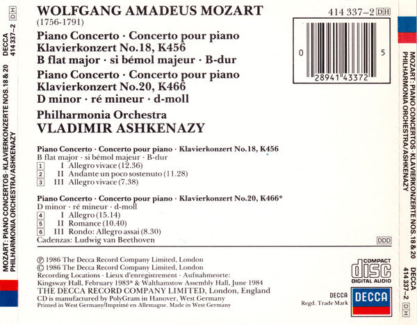 Mozart* - Philharmonia Orchestra, Vladimir Ashkenazy : Piano Concertos No.18, K456 •  No.20, K466  (CD, Album)