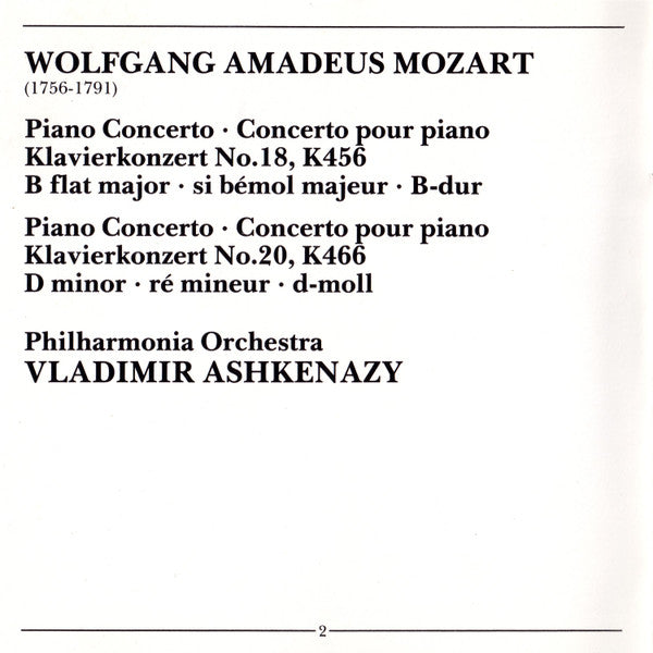 Mozart* - Philharmonia Orchestra, Vladimir Ashkenazy : Piano Concertos No.18, K456 •  No.20, K466  (CD, Album)