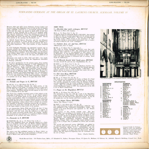 Johann Sebastian Bach - Fernando Germani : Organ Works Vol. IV (LP, Album, Mono, Club, RE)