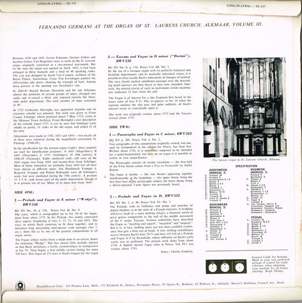 Johann Sebastian Bach - Fernando Germani : Organ Works Vol. III (LP, Album, Mono, Club)