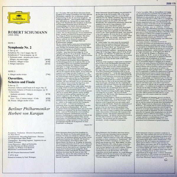 Robert Schumann, Berliner Philharmoniker, Herbert von Karajan : Symphonie Nr.2 / Ouvertüre, Scherzo Und Finale E-dur (In E Major) Op. 52 (LP, Album, RE, RP)