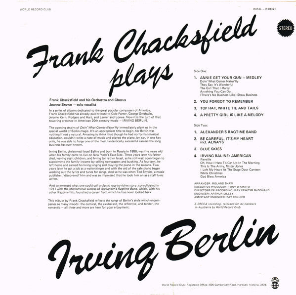 Frank Chacksfield Plays Irving Berlin : Frank Chacksfield Plays Irving Berlin (LP, Album, Club)