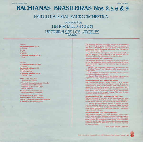 Orchestre National De France , Conducted By Heitor Villa-Lobos  /  Victoria De Los Angeles : Bachianas Brasileiras, Nos. 2, 5, 6, & 9 (LP, Album, Club)