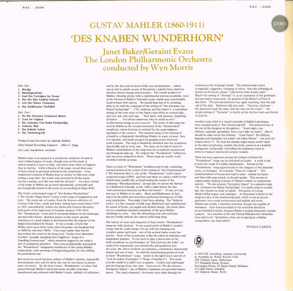 Gustav Mahler  /  Janet Baker / Geraint Evans  /  London Philharmonic Orchestra Conducted By Wyn Morris : Des Knaben Wunderhorn (LP, Album, Club)