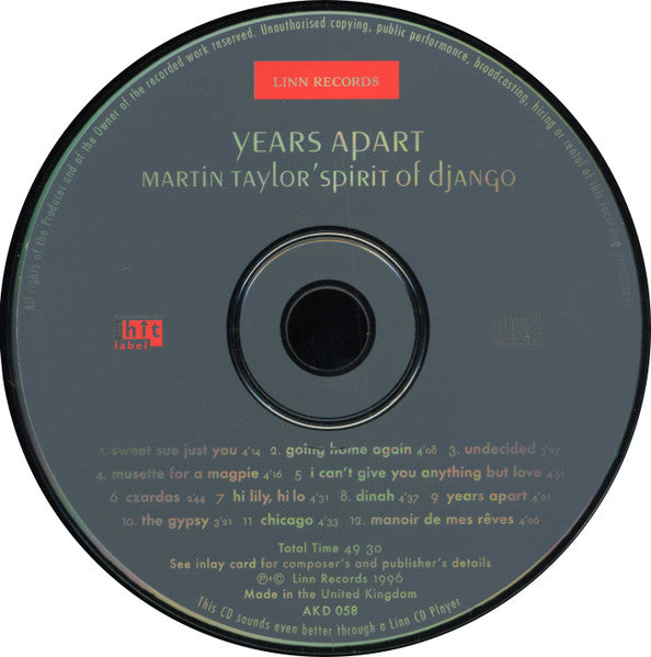 Martin Taylor's Spirit Of Django : Years Apart (CD, Album)