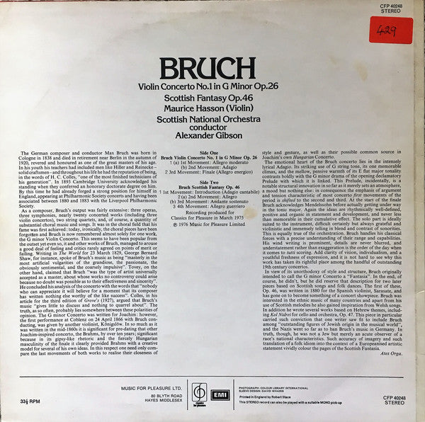 Max Bruch, Maurice Hasson, Royal Scottish National Orchestra, Alexander Gibson : Violin Concerto No.1 / Scottish Fantasia (LP, Album)
