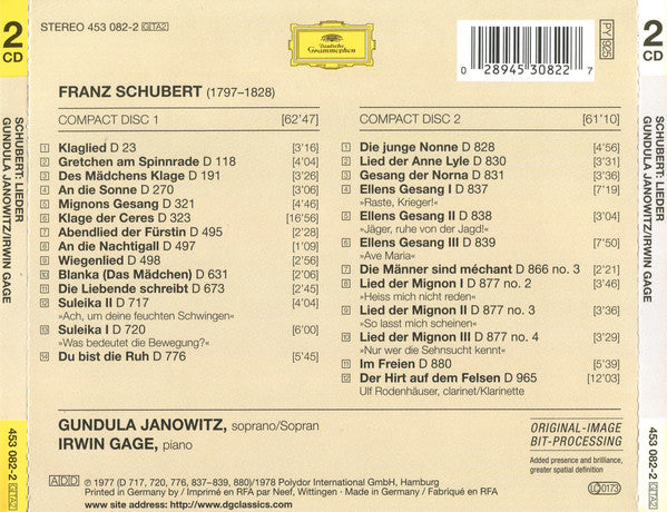 Franz Schubert, Gundula Janowitz, Irwin Gage : Lieder (2xCD, Comp, RE, RM)
