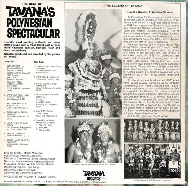 Various : The Best Of Tavana's Polynesian Spectacular: Recorded Live (LP, Album)