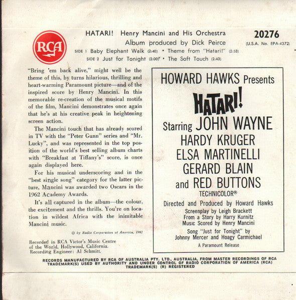 Henry Mancini : Hatari! (7", EP, Sol)