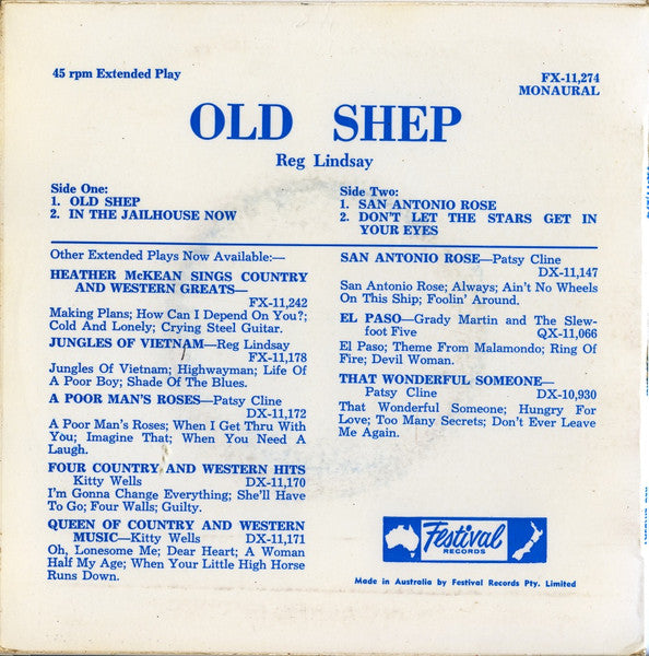 Reg Lindsay : Old Shep (7", EP, Mono)