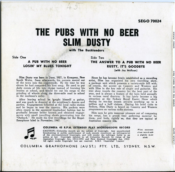 Slim Dusty With Bushlanders : The Pubs With No Beer (7", EP, RP)