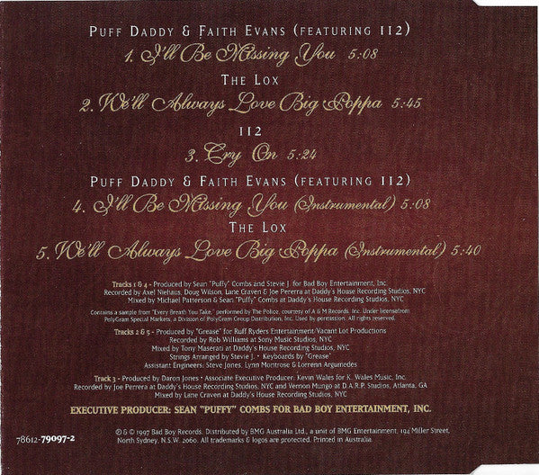 Puff Daddy With Faith Evans : I'll Be Missing You (A Tribute To The Notorious B.I.G.) (CD, Single)