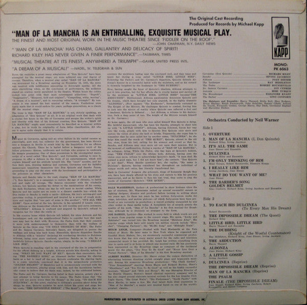 Original Cast*, Richard Kiley, Joan Diener, Irving Jacobson, Robert Rounseville, Ray Middleton : Man Of La Mancha (LP, Album, Mono)