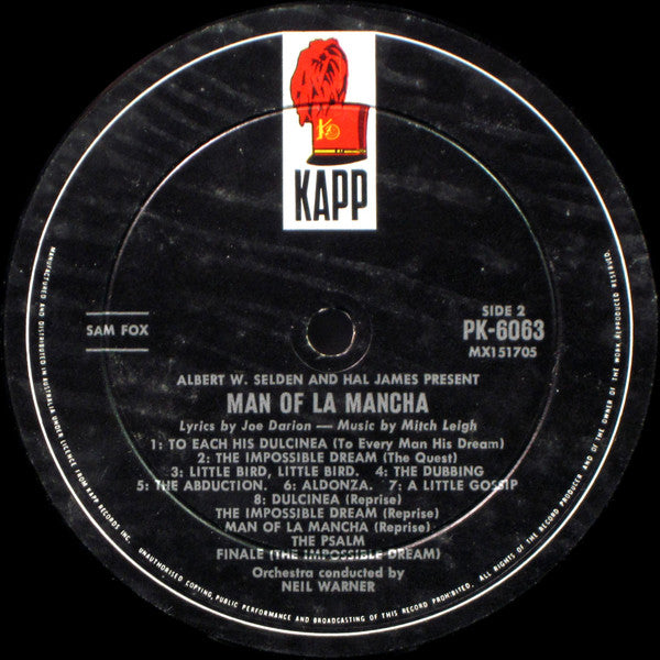 Original Cast*, Richard Kiley, Joan Diener, Irving Jacobson, Robert Rounseville, Ray Middleton : Man Of La Mancha (LP, Album, Mono)