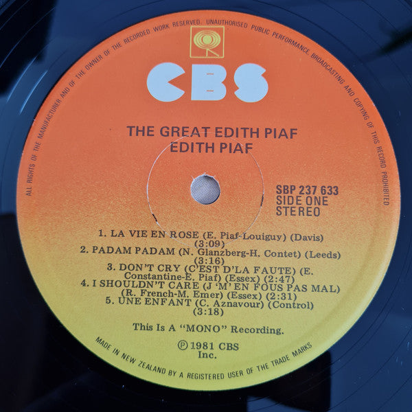 Edith Piaf : The Great Edith Piaf (LP, Comp, Mono)