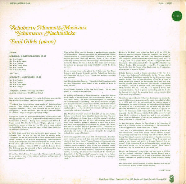 Schubert* / Schumann* : Moments Musicaux / Nachtstücke (LP, Album, Club)
