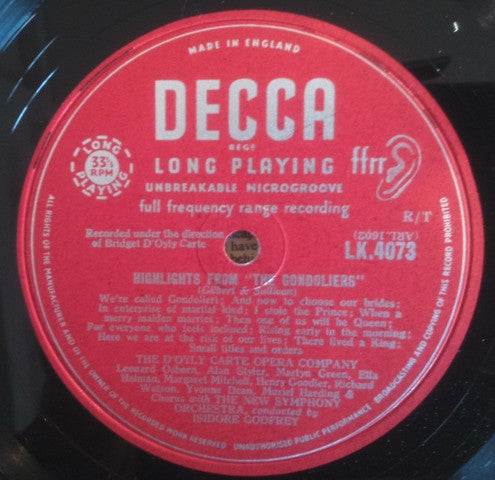 Gilbert & Sullivan, D'Oyly Carte Opera Company With Chorus And The New Symphony Orchestra Of London Conducted By Isidore Godfrey : Highlights From "The Gondoliers" & "Iolanthe" (LP, Mono)