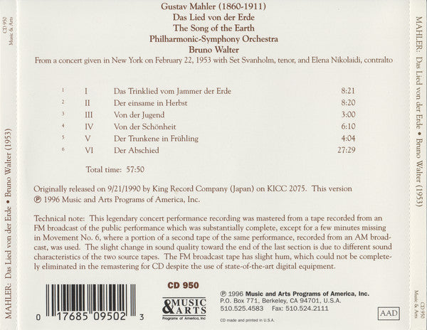Gustav Mahler, Set Svanholm • Elena Nikolaidi • Bruno Walter : Das Lied Von Der Erde: 1953 Concert Recording (CD, Album)