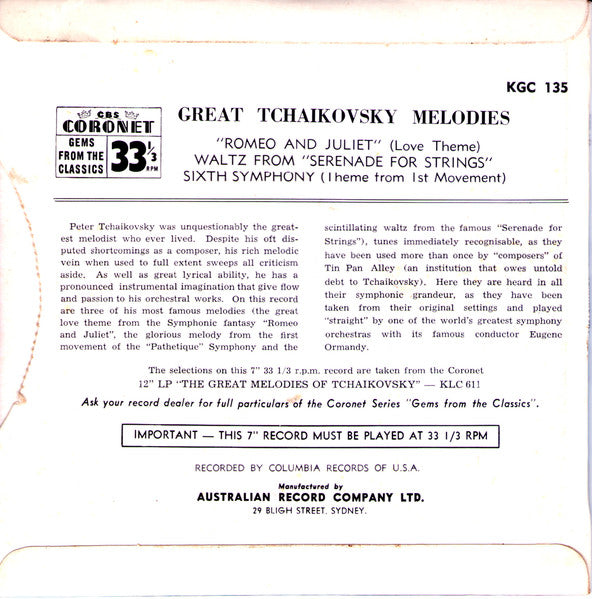 The Philadelphia Orchestra : Great Tchaikovsky Melodies (7", EP, Mono)
