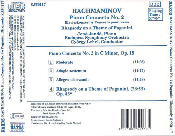 Sergei Vasilyevich Rachmaninoff, Jenö Jandó, Budapest Symphony Orchestra, György Lehel : Piano Concerto No. 2 • Rhapsody On A Theme Of Paganini (CD, Album, RE)