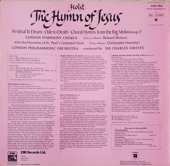 Gustav Holst, Sir Charles Groves, London Philharmonic Orchestra, London Symphony Chorus, St. Paul's Cathedral Choir : The Hymn Of Jesus (LP, Quad)