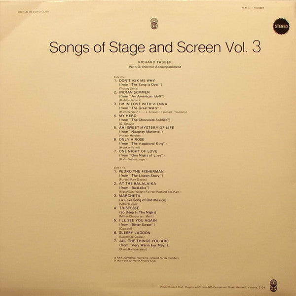 Richard Tauber : Songs Of Stage And Screen Vol. 3 (LP, Comp, Mono, Club)