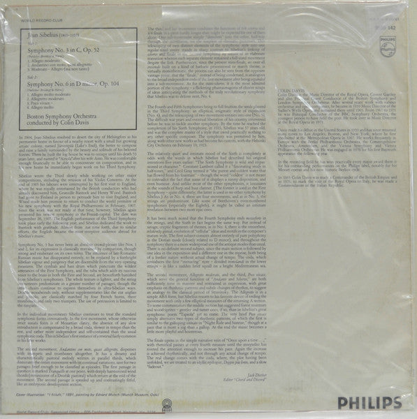 Sibelius* - Boston Symphony Orchestra, Colin Davis* : Symphonies Nos. 3 And 6 (LP, Album, Club)