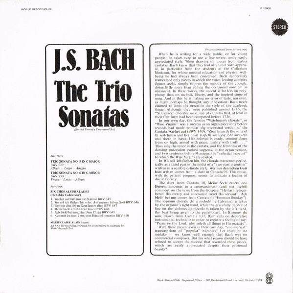 Johann Sebastian Bach : The Trio Sonatas (Record Two) (LP, Album, Club, RE)