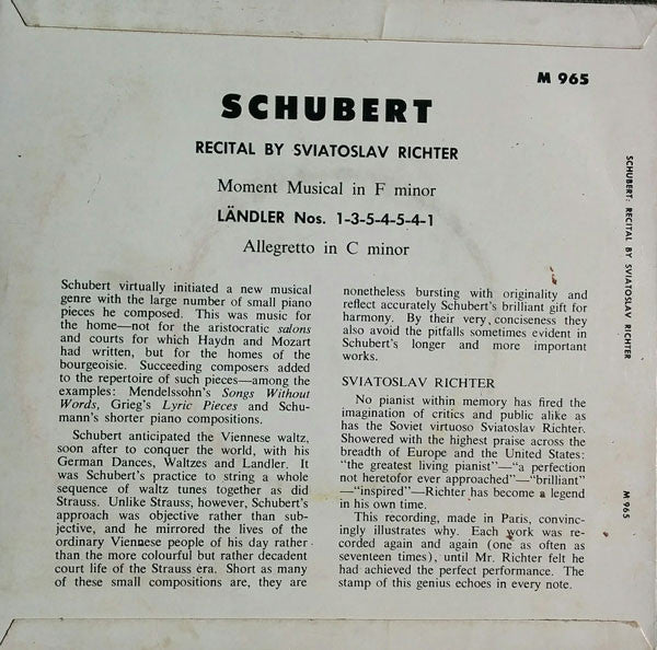 Sviatoslav Richter, Schubert* : Richter Plays Schubert (7", Mono)